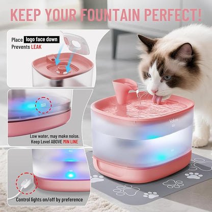 Veken 85oz/2.5L Cat Water Fountain with Detachable Tank for Cat, Dog, Red | Easy to Clean & Assemble, Pet Drinking Dispenser with Quiet Operation & LED Light, Small Pets