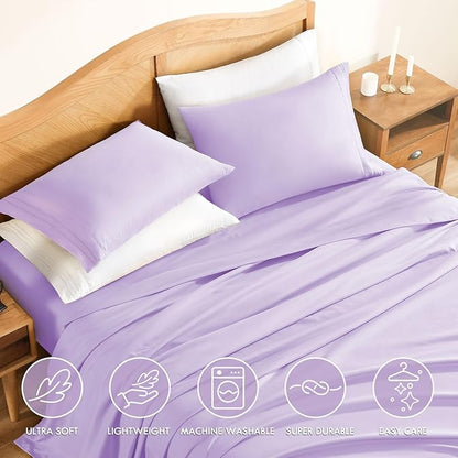 ClevaHome Queen Sheet Set, 4-Piece Bed Sheets for Queen Size Bed, Lightweight & Super Soft Easy Care Microfiber– Shrinkage & Fade Resistant Bedding Set with 14'' Deep Pockets (Lilac)