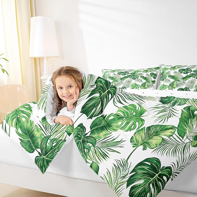 Erosebridal Palm & Monstera Leaves Comforter, Full Size - Lightweight Green & White Hawaiian Bedding Set with 2 Pillow Cases