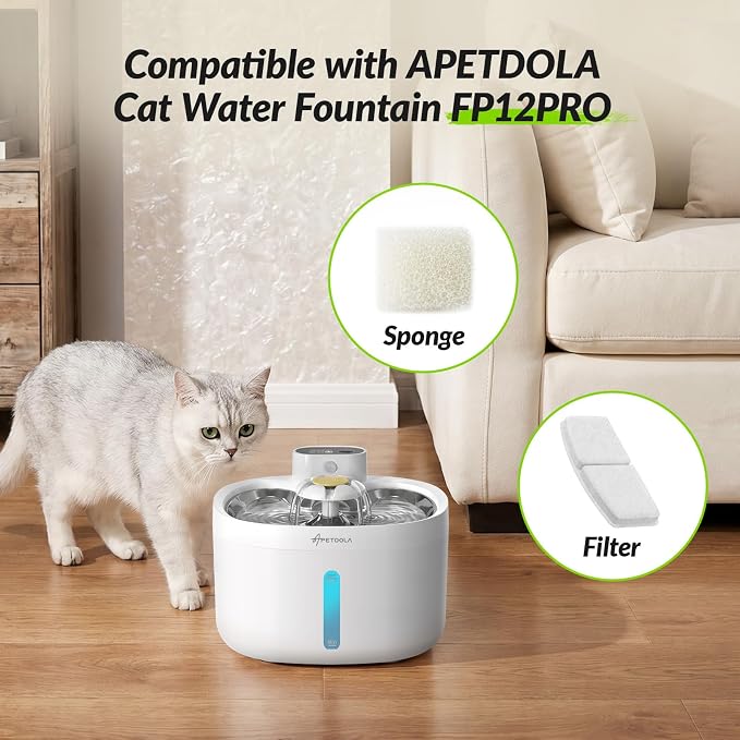 Cat Water Fountain Filter,8 Pack FP12PRO Cat Fountain Filter Replacement, 8 PCS Filters & 8 PCS Sponge Set for Cat Drinking Fountain,5 Layer Filters for Pet Fountain