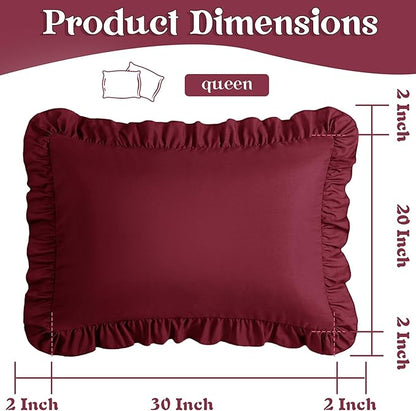 KKJIAF Ruffle Pillow Cases Queen Size Set of 2, Ruffled Pillow Covers with Envelope Closure, Wrinkle Resistant Ruffled Pillow Shams 20" x 30", Burgundy