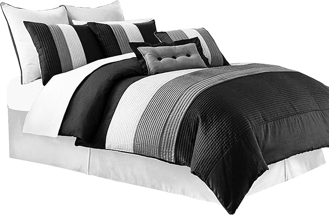 Chezmoi Collection Loft 8-Piece Luxury Striped Comforter Set (King, Black/Gray/White)