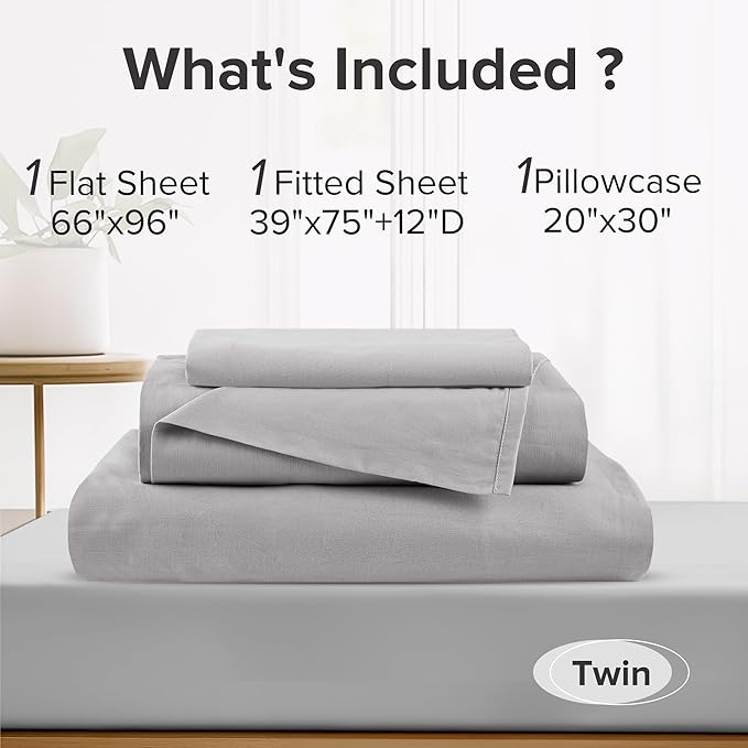 Comfort Spaces 100% Cotton Sheet Set Breathable, Lightweight, Soft with 12" Elastic Pocket Fits up to 14" Mattress, All Season Cozy Bedding, Matching Pillow Case, Twin Grey 3 Piece