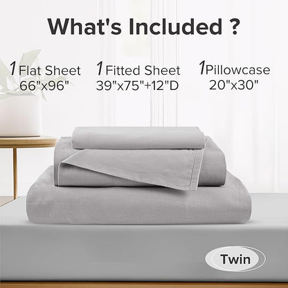 Comfort Spaces 100% Cotton Sheet Set Breathable, Lightweight, Soft with 12" Elastic Pocket Fits up to 14" Mattress, All Season Cozy Bedding, Matching Pillow Case, Twin Grey 3 Piece