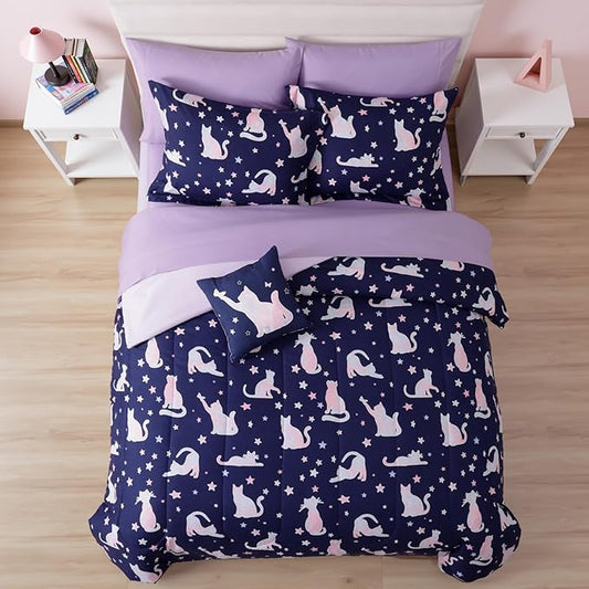 Twin Comforter Set for Girls, Kids - 5 Pieces Cute Cat Patterns Twin Bedding Sets for Girls Boys Teen, Soft Cozy Bed in A Bag with Sheets