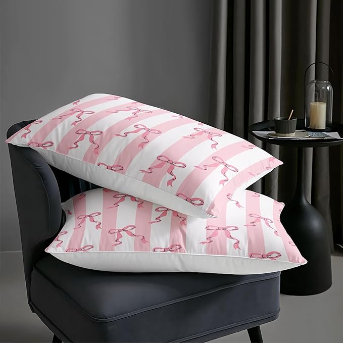 Pink Bowknot Girls Comforter Set King Size,Kawaii Cartoon Geometric Bedding for Kids,Girls Bedroom Room Decor,3Pcs Bow Pink Striped Princess Romantic Comforter Set 1 Quilt 2 Pillowshams