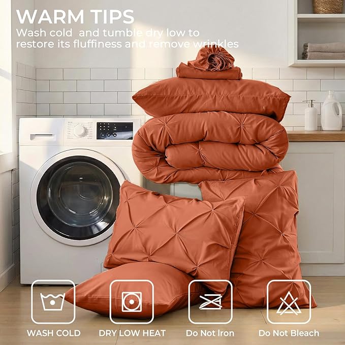 Sasttie California King Comforter Set, 7-Piece Bed in a Bag, Pintuck Bedding Sets for All Season, Includes Comforter, Flat Sheet, Fitted Sheet, Pillowcases and Pillowshams, Burnt Orange
