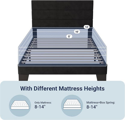 Allewie Twin Size Platform Bed Frame with Velvet Upholstered Headboard | Wooden Slats Support, Fully Upholstered Mattress Foundation, No Box Spring Needed, Easy Assembly, Noise-Free, Black