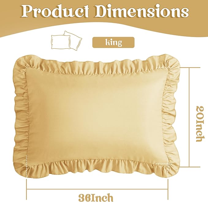 KKJIAF Ruffle Pillow Cases King Size Set of 2, Ruffled Pillow Covers with Envelope Closure, Wrinkle Resistant Ruffled Pillow Shams 20" x 36", Gold