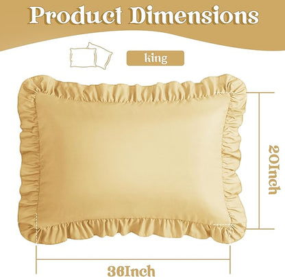 KKJIAF Ruffle Pillow Cases King Size Set of 2, Ruffled Pillow Covers with Envelope Closure, Wrinkle Resistant Ruffled Pillow Shams 20" x 36", Gold
