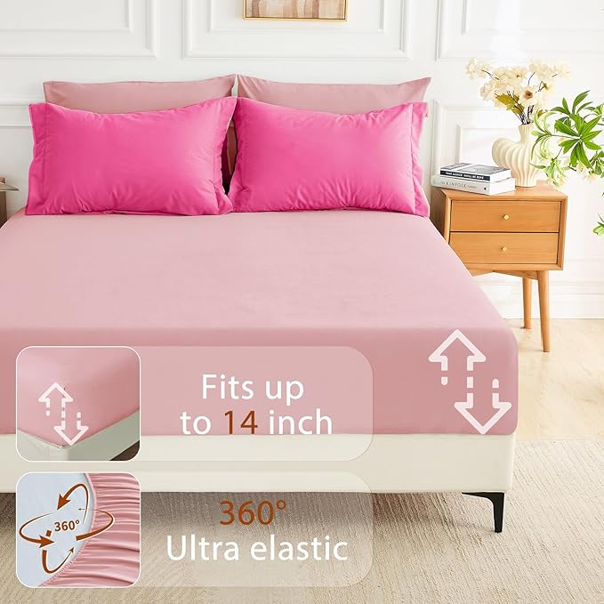 MUXHOMO 7 Pieces Queen Comforter Set, Soft Bed in a Bag Queen Size, All Season Bedding Set with Comforter, Flat Sheet, Fitted Sheet, Pillowcases & Shams, Hot Pink & Baby Pink