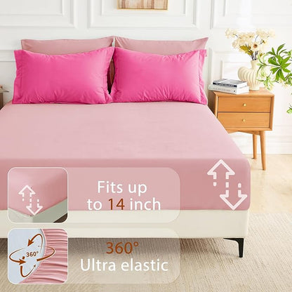 MUXHOMO 7 Pieces King Comforter Set, Soft Bed in a Bag King Size, All Season Bedding Set with Comforter, Flat Sheet, Fitted Sheet, Pillowcases & Shams, Hot Pink & Baby Pink