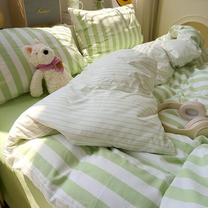 Green Striped Duvet Cover Twin XL Boho Cute Comforter Cover Twin XL Farmhouse Coquette Vintage Soft Duvet Cover Set with 2 Pillowcases College Bedding for Boys Washed Microfiber Duvet Protector