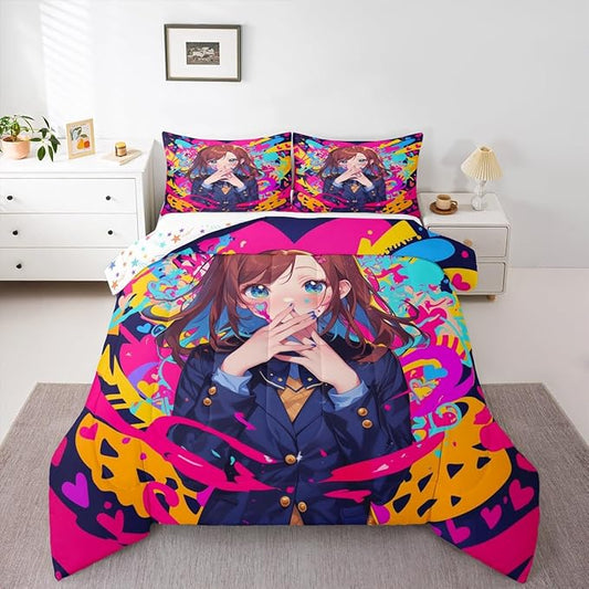 Erosebridal Anime Girl Toddler Bedding Set, Japanese Anime Comforter Set 3 Piece for Kids Girls Teens Adult Bedroom Decor, Cartoon Girl Quilt Kawaii Japanese Animation Bedding Comforter Sets