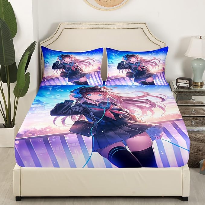 Erosebridal Anime Girl Fitted Sheet Twin Size, Japanese Anime Bedding Set for Kids Boys Teens Bedroom Decor, Cartoon Girl Bed Sheets Kawaii Japanese Animation Bed Set with 1 Pillow Case