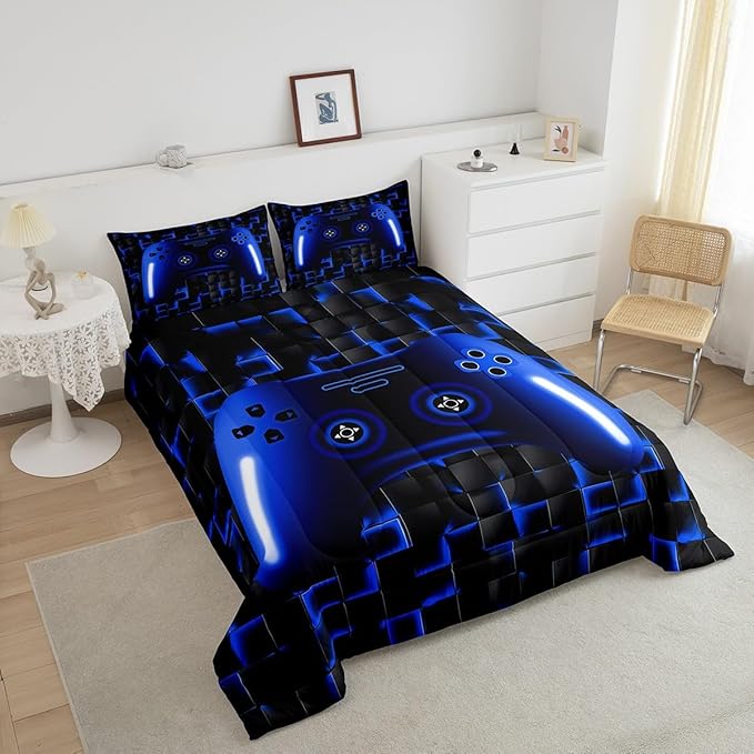 Gaming King Size Comforter Sets For Kids Boys Teen Girls Game Controller Bedding Set 3Pcs Gamer Comforter For All Season,Blue And Black Geometric Checkered Quilt Set For Young Men,Soft Lightweight