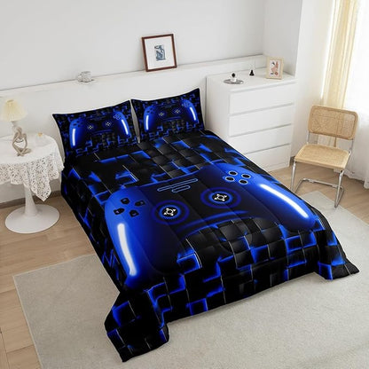 Gaming King Size Comforter Sets For Kids Boys Teen Girls Game Controller Bedding Set 3Pcs Gamer Comforter For All Season,Blue And Black Geometric Checkered Quilt Set For Young Men,Soft Lightweight