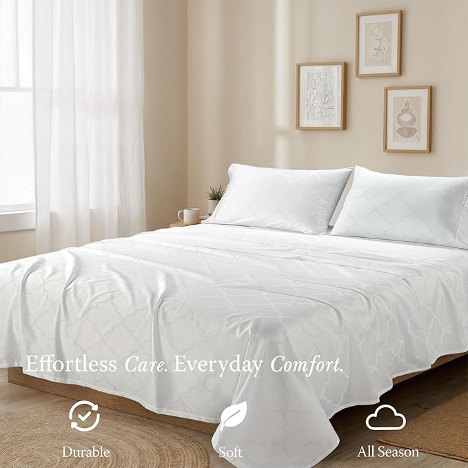 Threadmill Cotton Twin Sheet Set | 100% Cotton Sheets for Twin Size Bed | Damask Jacquard Sateen Twin Bed Sheets Set with 16” Deep Pocket | Soft Breathable 3-Piece Cooling Sheet Set | White
