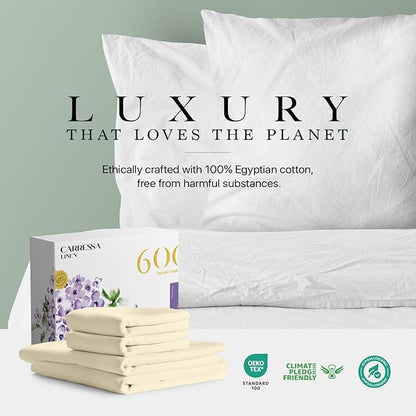 Carressa Linen California King Egyptian Cotton Sheet Sets - 600 Thread Count Cal King Cotton Sheet Set (4 PC, Ivory Cream), Extra Soft, Cooling, 16" Deep Pocket Sateen Weave Luxury Hotel Bed Sheets