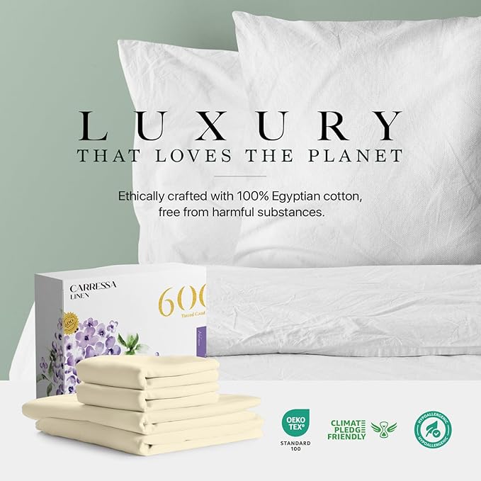 Carressa Linen 100% Egyptian Cotton King Size Sheets Set - 600 Thread Count Egyptian Cotton Queen Sheets King Size (4 PC, Ivory Cream), Soft, Cooling, 16" Deep Pocket Sateen Weave Luxury Bed Sheet Set