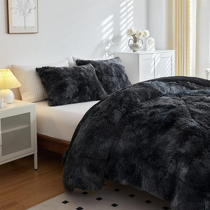 Wajade Faux Fur Plush Black Comforter Set Fluffy Fuzzy Shaggy Bedding Set - 3PC Full/Queen Microfiber Soft Warm Quilt Set