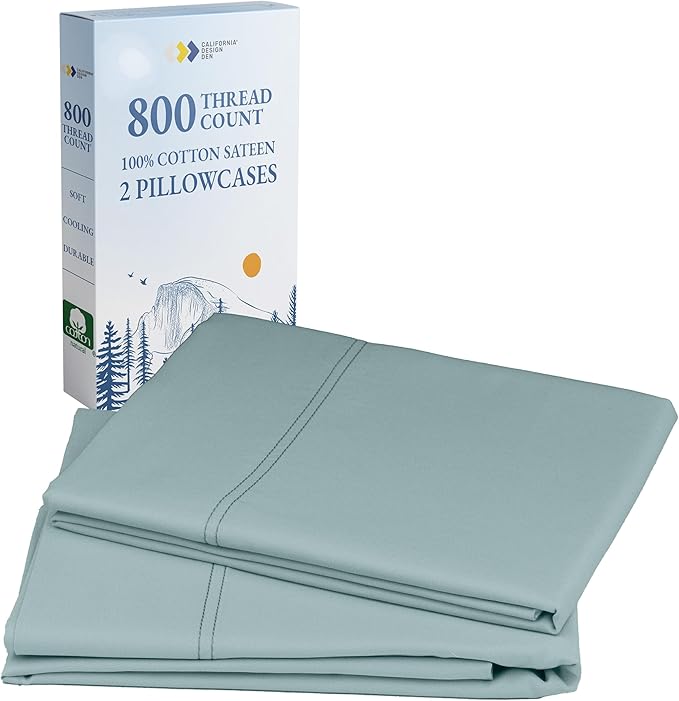 Heirloom Soft, Smooth & Thick Certified 800 Thread Count 100% Cotton Sateen, 2 Pillow Cases Standard Size Fits Standard & Queen Size Pillows (Soft Teal)