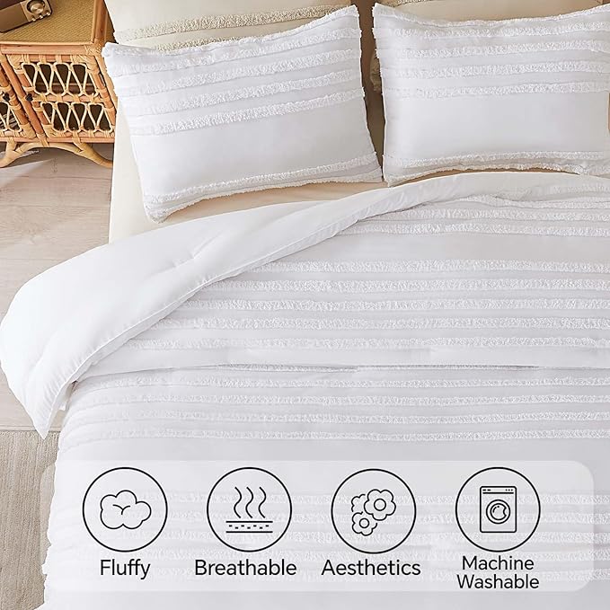 BEDELITE Boho King Size Comforter Set - White Tufted Striped Bed Set 3 Pieces, Soft Vintage Farmhouse Comforter for All Seasons, Boho Home Decor,Fluffy Jacquard Bedding with Pillow Sham