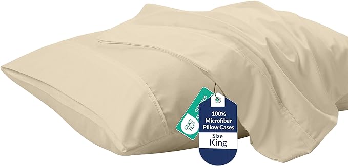 Royale Linens King Pillowcase Set of 2 - Bed Pillow Cover - 20" x 40" -Sand Pillowcases - 1800 Brushed Microfiber, Wrinkle & Fade Resistant - Soft & Cozy- King Size Pillow Case (Sand)