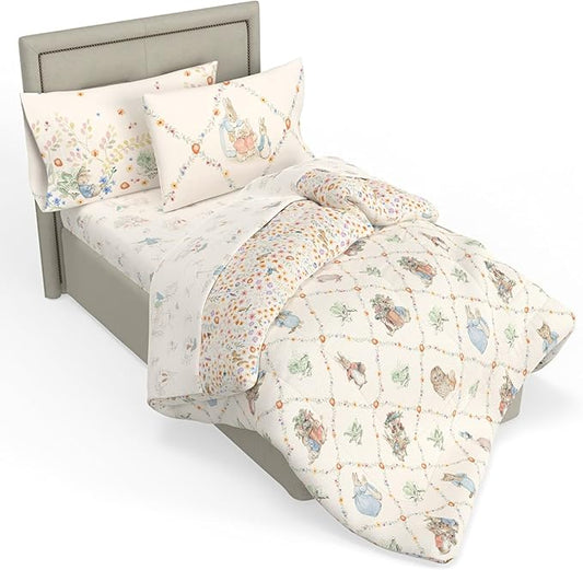 Peter Rabbit Book Bedding Set, Twin Size 5-Piece Super Soft Fluffy Reversible Comforter & Sheet Set with Sham, Storybook Friends Easter & Spring, (100% Officially Licensed Product) by Franco Heritage