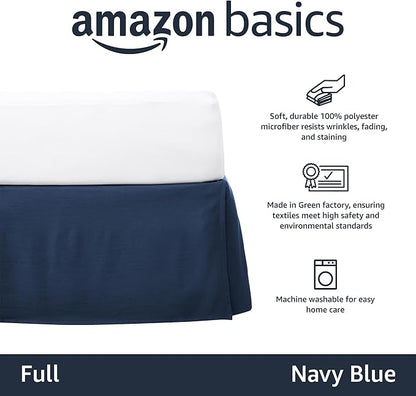 Amazon Basics Lightweight Pleated Dust Ruffle Bed Skirt, Wrinkle and Fade Resistant, Machine Washable, Full, Navy Blue