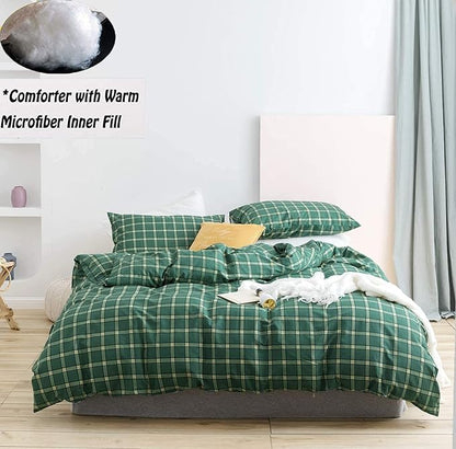 Houseri Green Comforter Set - Queen Plaid & Grid Bedding - Emerald, Forest, Jade Green & Yellow - Buffalo Checkered - Men, Boys, Girl - Vintage Style