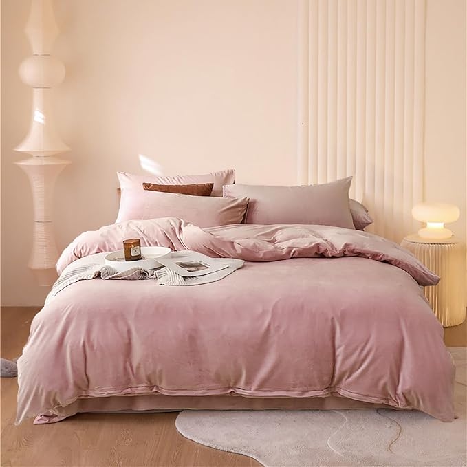 Luxlovery Pink Velvet Comforter Set Full Dusty Pink Flannel Plush Bedding Comforter Set Winter Thick Warm Solid Haze Pink Quilts Blanket Soft Heavyweight Comforter Set for Full Bed