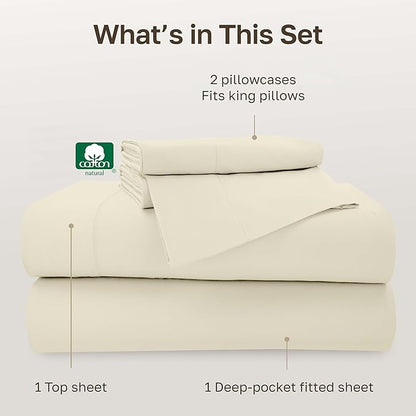 California Design Den King Size Sheet Set - 100% Cotton, 500 Thread Count Sateen, Deep Pocket Bed Sheets with Fitted Elastic Sheet, Soft Luxury - Ivory (Creamy Beige Tone)