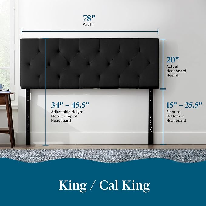 Lucid Mid-Rise Upholstered Headboard - Diamond Tufted - Padded Polyester - Adjustable Height from 34” to 46” - Easy Assembly - Bed Frame or Wall Mount - Sturdy - Black - King / Cal King Size