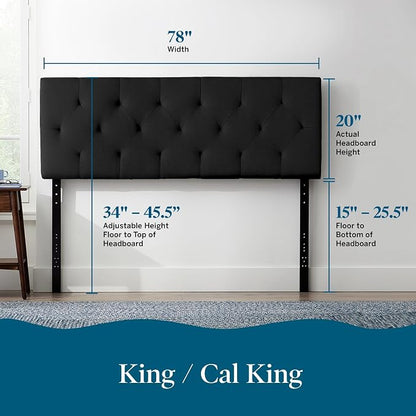 Lucid Mid-Rise Upholstered Headboard - Diamond Tufted - Padded Polyester - Adjustable Height from 34” to 46” - Easy Assembly - Bed Frame or Wall Mount - Sturdy - Black - King / Cal King Size