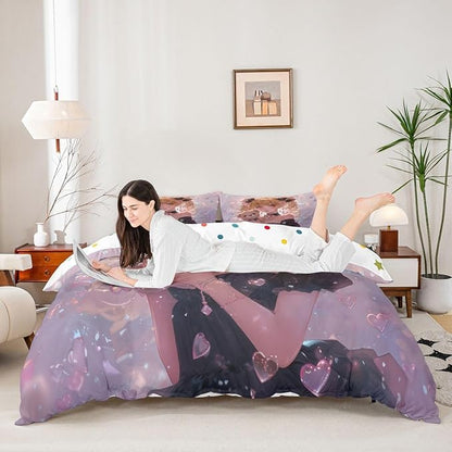 Erosebridal Bow Girls King Down Comforter Pink Kawaii Cartoon Anime Kids Comforter Set with 2 Pillow Cases,Romantic Aesthetic Princess Bedding Set Japanese Style Girl Bed Set