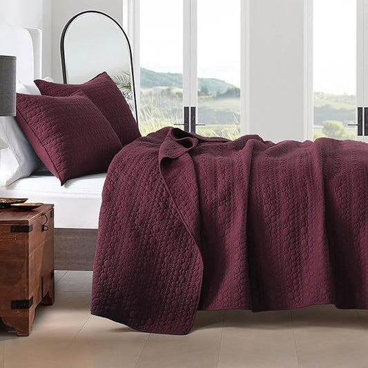 HORIMOTE HOME Burgundy Quilt Set Queen Size, Lightweight Soft Pre-Washed Microfiber Circle Pattern Bedspread Coverlet, 3 Pieces Quilt Bedding Set with Pillow Shams for All Season, 90x96 inches