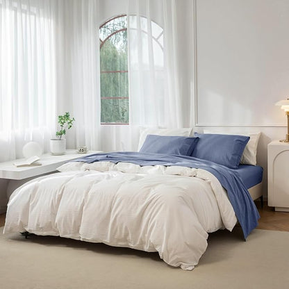 JIYUAN California King Size Sheet Set, 4-Piece - 100% Washed Cotton, Linen-Like Soft & Breathable, Includes Deep Pocket Fitted & Flat Sheet with 2 Pillowcases, Hotel Quality, Heathered Blue
