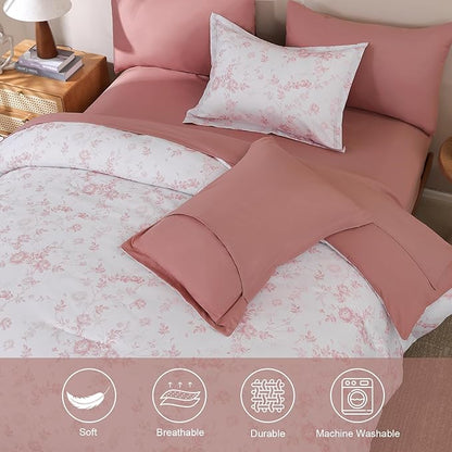 Luxudecor Floral King Comforter Set 7 Pieces Bed in a Bag, Blush Pink Rose Romantic Flower Bed Set, Soft Reversible Comforter with Sheet Set 104"x90"