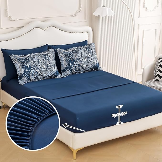 DJY Navy Paisley Comforter Set Full Size 7 Piece Bed in a Bag Boho Paisley Pattern Comforter Set Soft Lightweight Microfiber Blue Reversible Bedding Set for All Season