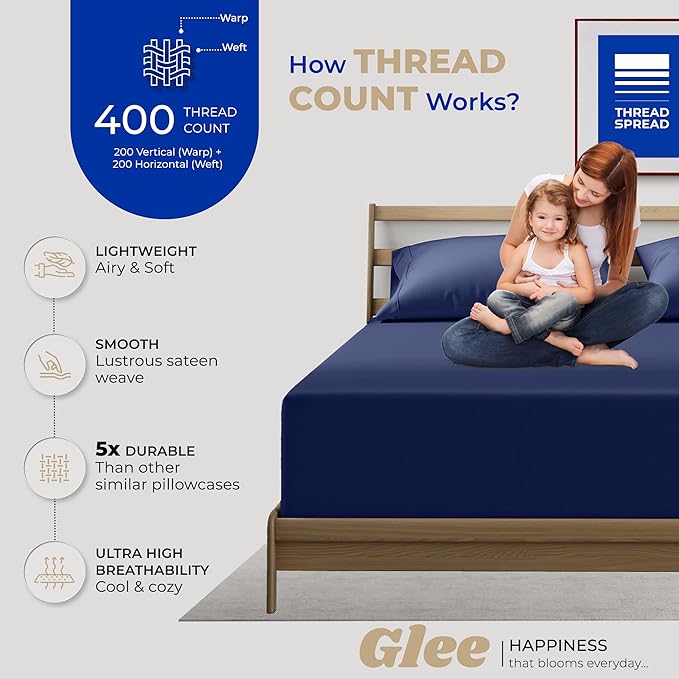 THREAD SPREAD 100% Cotton King Size Pillow Cases Set of 2 - Luxury 400 Thread Count Pillow Cases King Size (Navy Blue), Soft Cooling Breathable & Durable Sateen Weave Hotel Quality Cotton Pillowcases