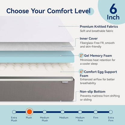 Amazon Basics Breathable Memory Foam Mattress, Soft Plush Feel, 6 Inch, Queen, White/Grey, 80 x 60 x 6 inches (LxWxH)