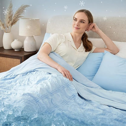 Cozy Bliss Cooling Comforter Seersucker Plaid Queen Size, Q-Max 0.45 Lightweight Cooling Blanket, Breathable Silk Smooth Summer Bedding Quilt for Hot Sleepers Night Sweats Blue