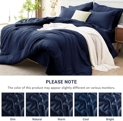 MUXHOMO 5 Pieces Twin XL Comforter Set, Soft Bed in a Bag Twin XL Size, All Season Bedding Set with Comforter, Flat Sheet, Fitted Sheet, Pillowcases & Shams, Navy Blue