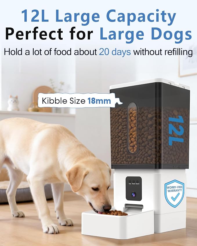 12L Large Dog Automatic Feeder with HD Camera: 50 Cups/20-Day Food Capacity | Easy Setup Timed Dog Feeder for Travel & Business Trips, Anti-Clog for 2-18mm Large Kibble