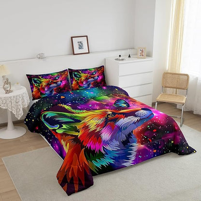 Fox Print Bedding Set Twin Cartoon Fox Butterfly Comforter Set for Kid Girl Boys,3D Animal Theme Colorful Galaxy Painting Quilt Duvet,Starry Sky Down Comforter Home Room Decor with 1 Pillowcase