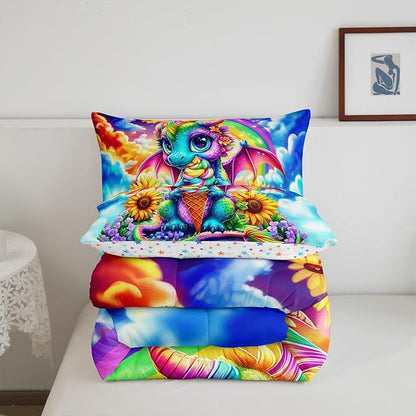 Cartoon Dragon Comforter Set Toddler Size 2 Pcs,Watercolor Sunflower Flowers Bedding Set,Ice Cream Dessert Colorful Sky Quilt Set for Child Bedroom,Duvet Insert,1 Pillowcase