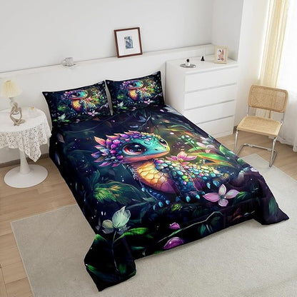 Feelyou Dragon Comforter Set Queen Size Dragon Stuff Comforter for Boys Girls Teens Wild Life Bedding Set Flower and Grass Duvet Set Room Decor Balck Green Quilt Set