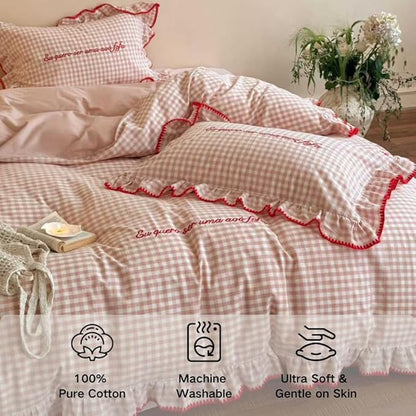 CRUSHIMO Morning Mist Gingham Washed Cotton Duvet Cover Set - Shabby Chic Gingham Plaid Bedding with Ruffle Trim & Triangle Stitching - Ultra Soft Breathable Comforter Cover (Blush Milk, Twin)