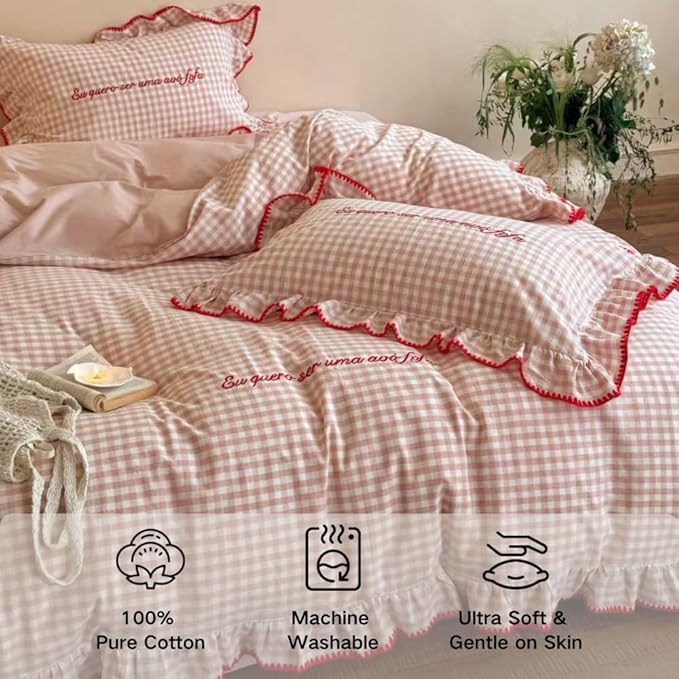 CRUSHIMO Morning Mist Gingham Washed Cotton Duvet Cover Set - Shabby Chic Gingham Plaid Bedding with Ruffle Trim & Triangle Stitching - Ultra Soft Breathable Comforter Cover (Blush Milk, Queen)